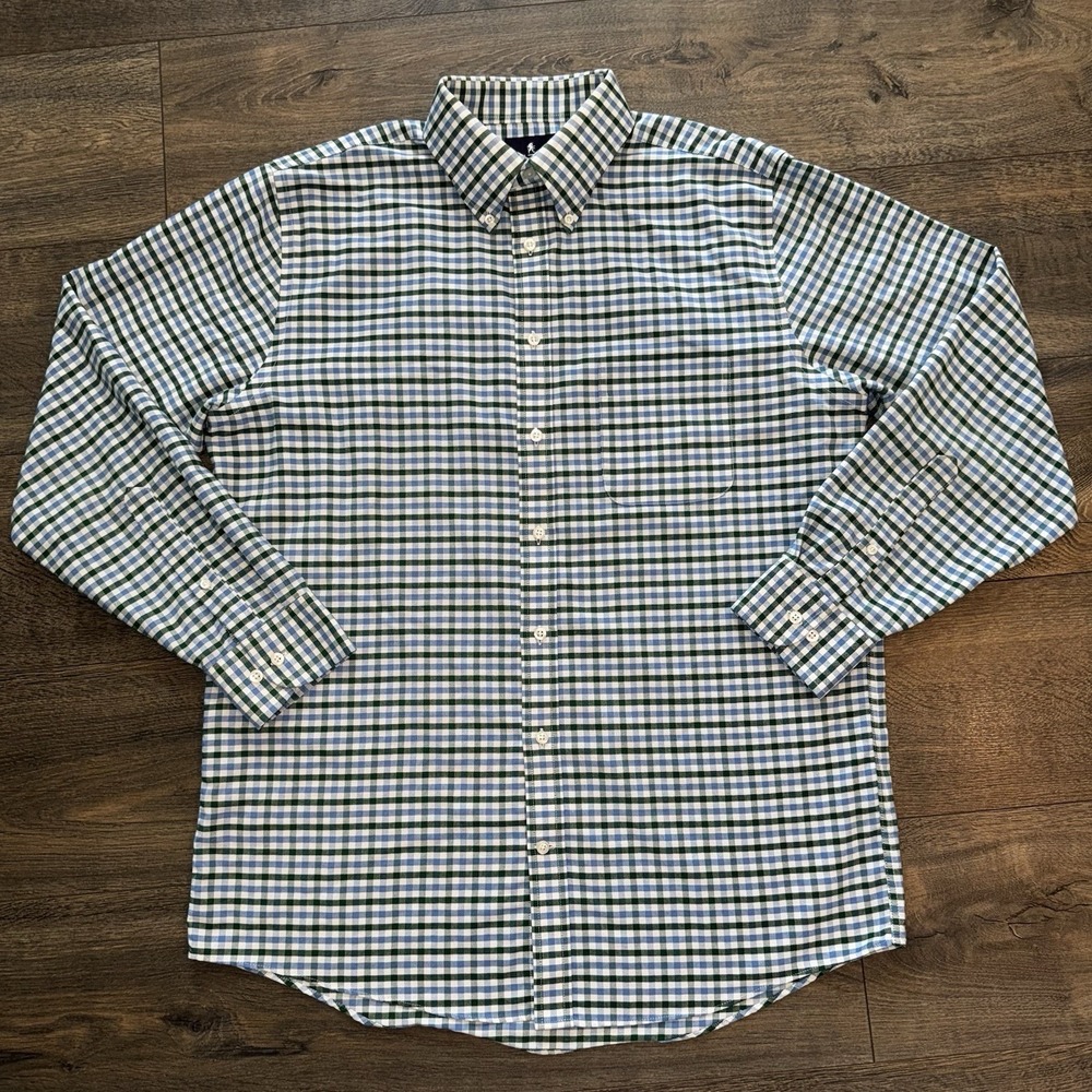 Stafford Mens 2XL Oxford Dress Shirt Button‎ Up Cotton Green Blue Gingham Plaid